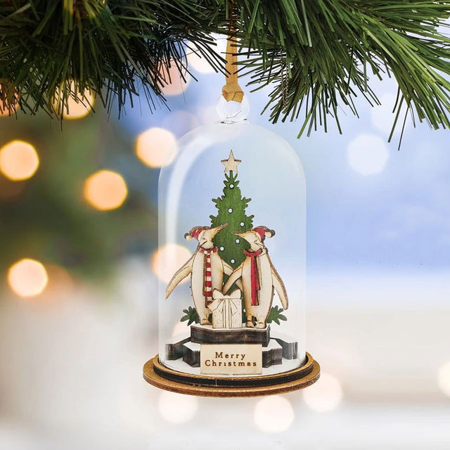 Merry Christmas Penguins Glass Dome Decoration