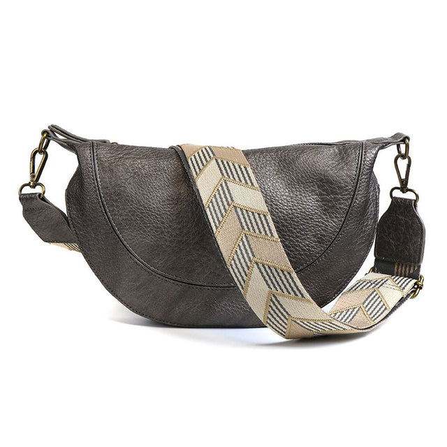 Metallic Vegan Leather Moon Bag with Chevron Strap Pom Boutique