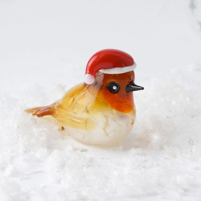 Mini Glass Santa Hat Robin Decoration