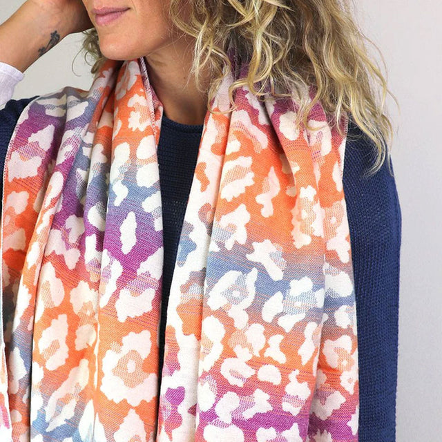 Pink and Orange Leopard Print Jacquard Scarf Pom Boutique