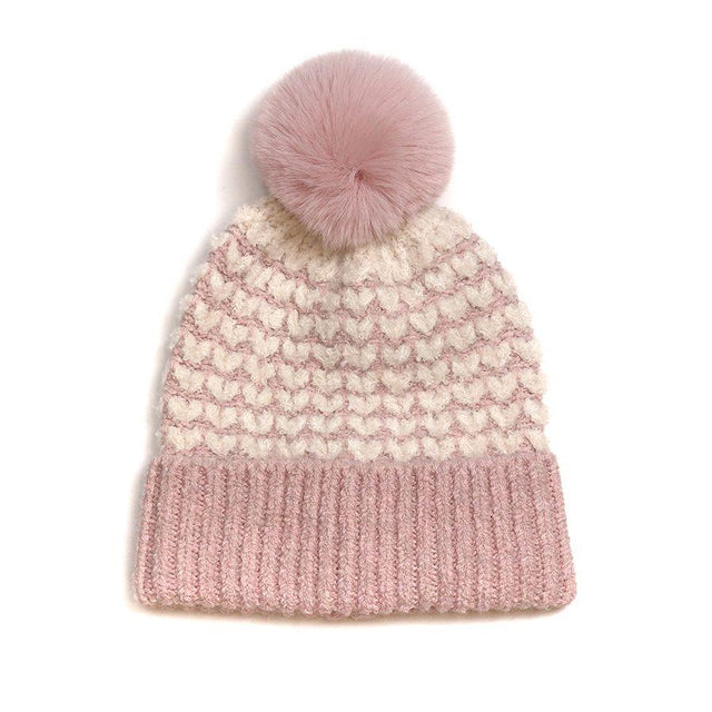 Pink Heart Pattern Faux Fur Pom Pom Knit Hat