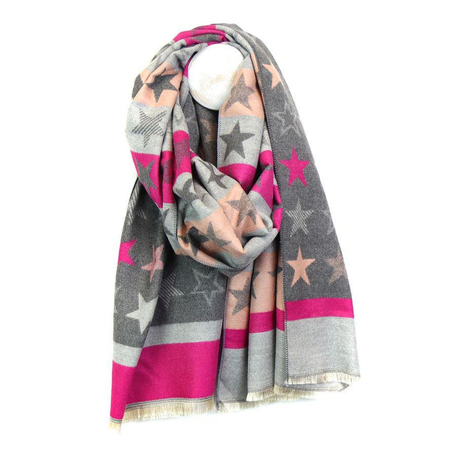 Pink and Grey Stars Jaquard Scarf Pom Boutique