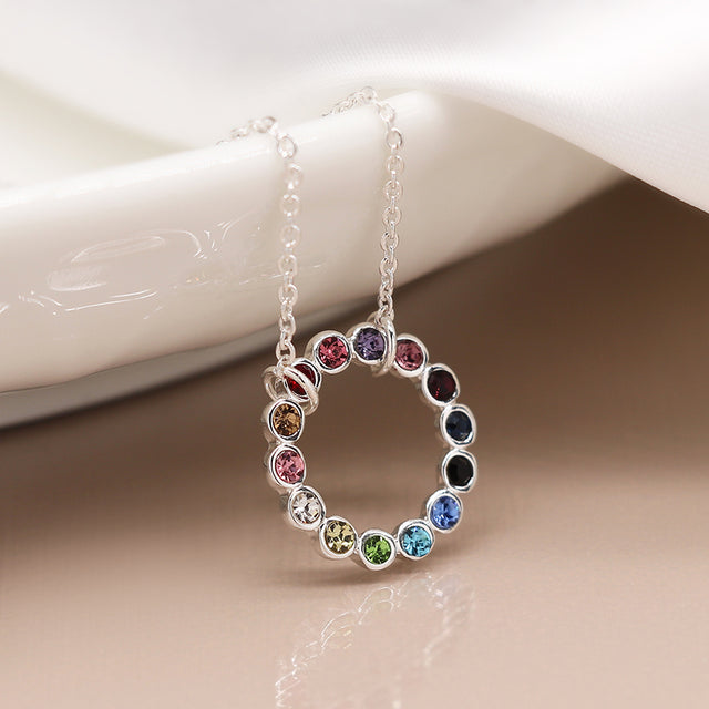 Pom Boutique Silver Chain Rainbow Circle Crystal Inset Necklace Close Up