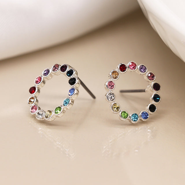 Pom Boutique Silver Rainbow Circle Crystal Inset Stud Earrings Close Up
