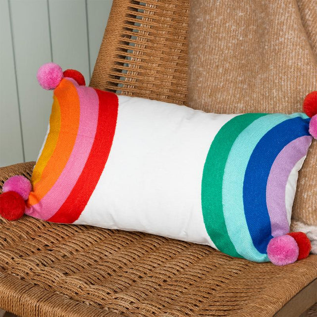 Embroidered Rainbow Cushion with Pom Poms