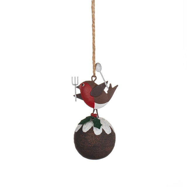 Robin on Christmas Pudding Hanging Decoration
