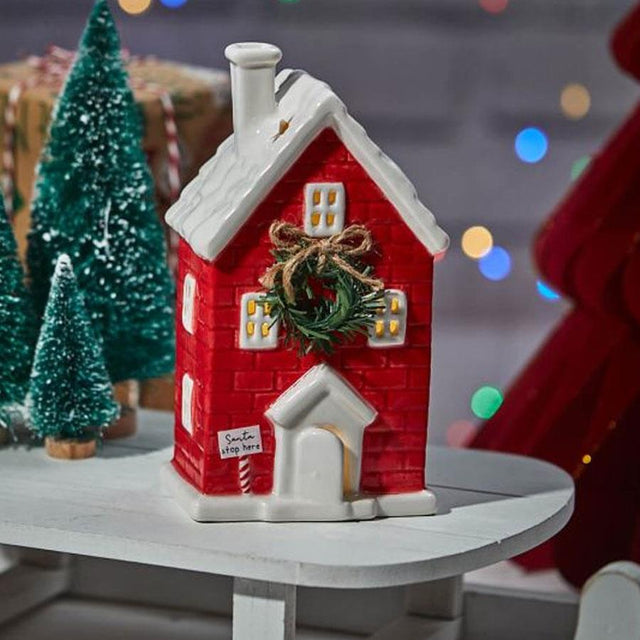 Santa Stop Here LED Light Ceramic House Decoration
