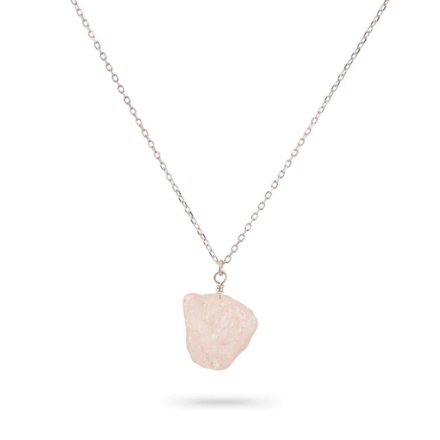 Rose Quartz Pebble Pendant Necklace in Silver