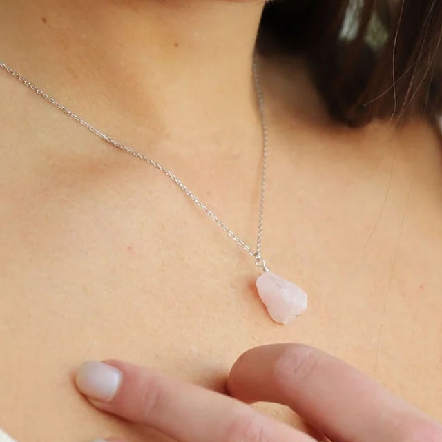 Rose Quartz Pebble Pendant Necklace in Silver