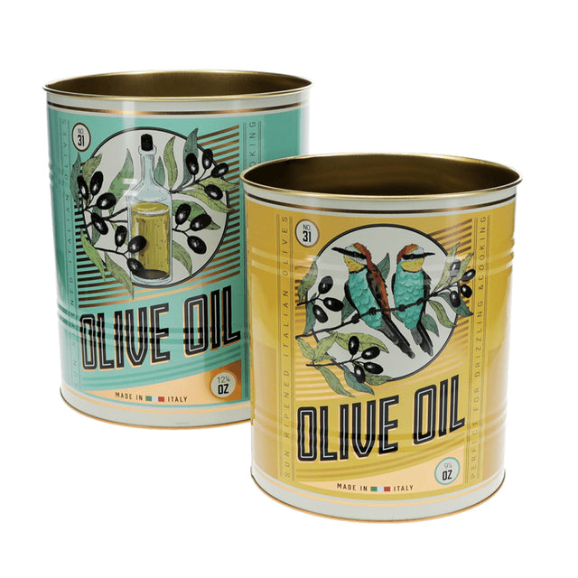 Large Olive Oil Storage Tins Set Close Up