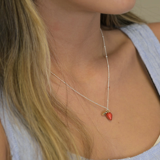 Pom Boutique Enamel Strawberry Silver Plated Necklace on Model
