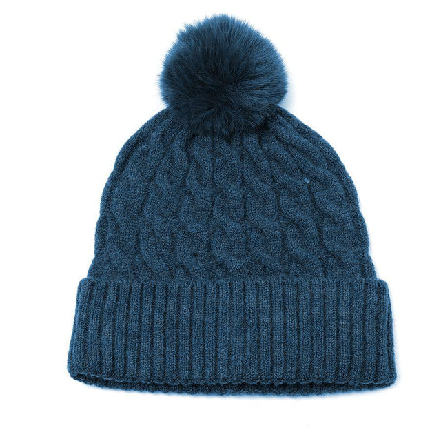 Teal Cable Knit Hat with Pom Pom