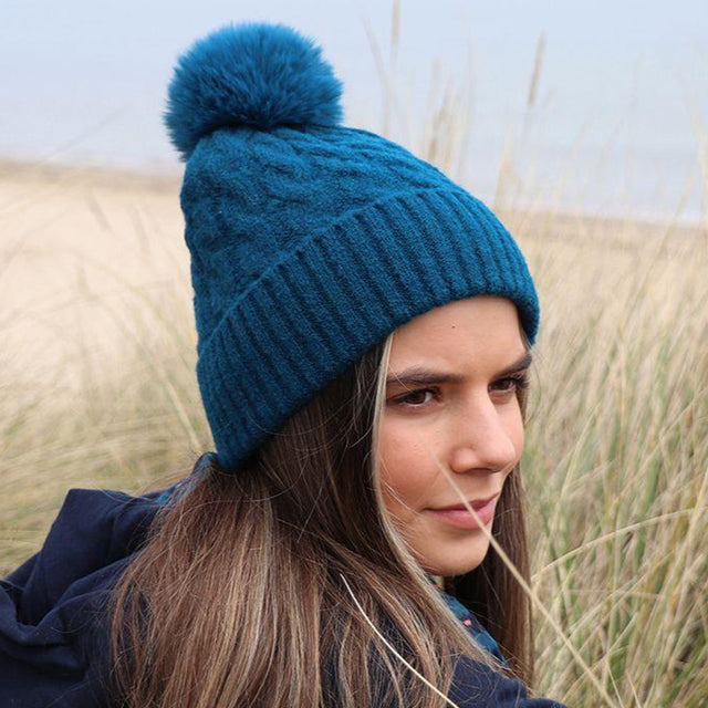 Teal Cable Knit Hat with Pom Pom