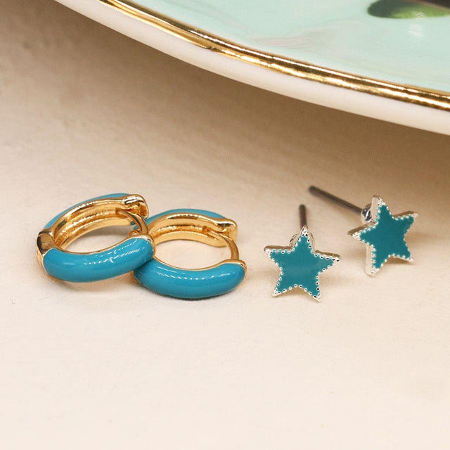 Teal Enamel Star and Huggie Hoop Earring Set Pom Boutique