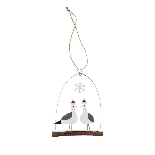 Two Christmas Seagulls on Twig Hanging Decoration