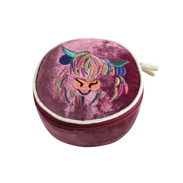Highland Cow Plum Velvet Jewellery Pouch