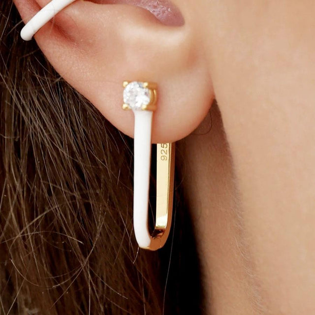 White Enamel and Gold Oval Hoop Earrings