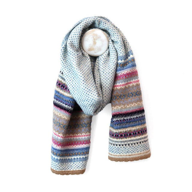 Camel and Blue Nordic Pattern Knit Stripes Scarf
