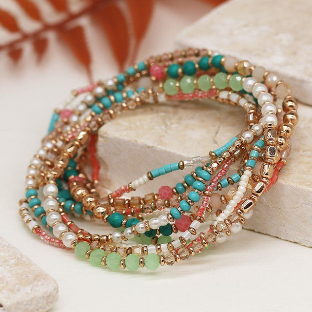 Turquoise, green and Pink Multi Strand Beaded Bracelet