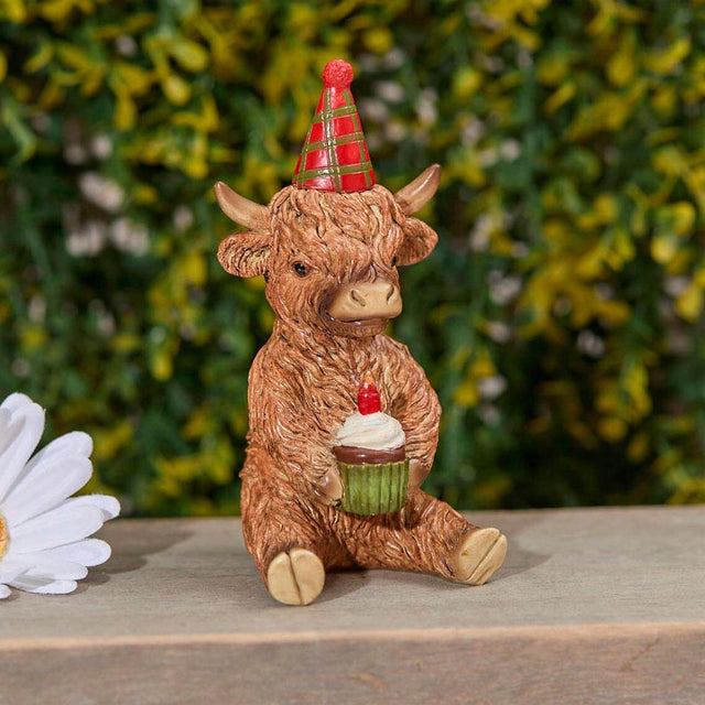 Highland Cow With Party Hat and Cupcake Resin Ornament