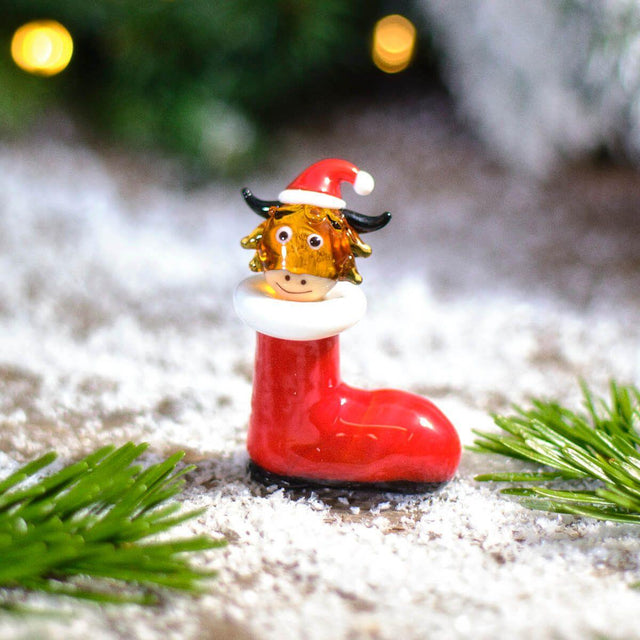 Santa Boot With Highland Cow Mini Glass Ornament
