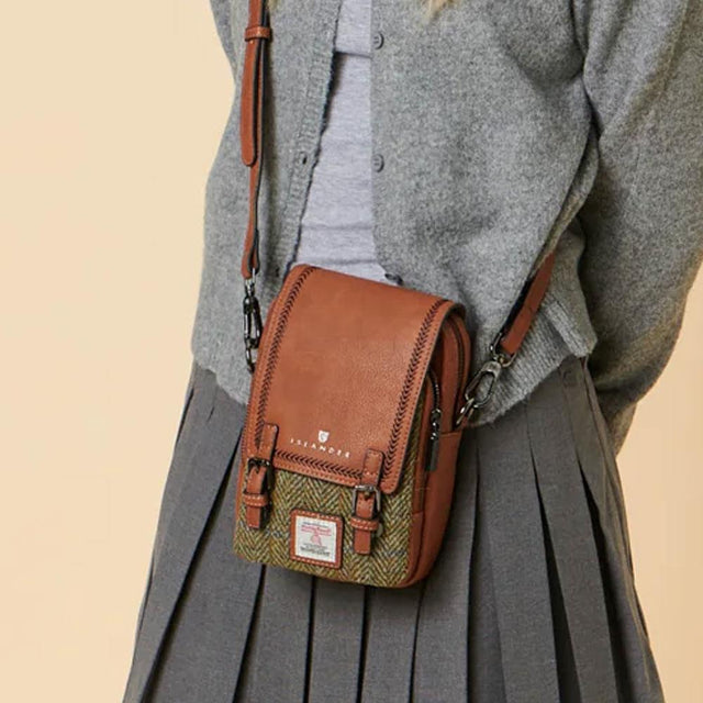 Islander Harris Tweed Chestnut Herringbone Baby Jura Cross Body Bag on Model