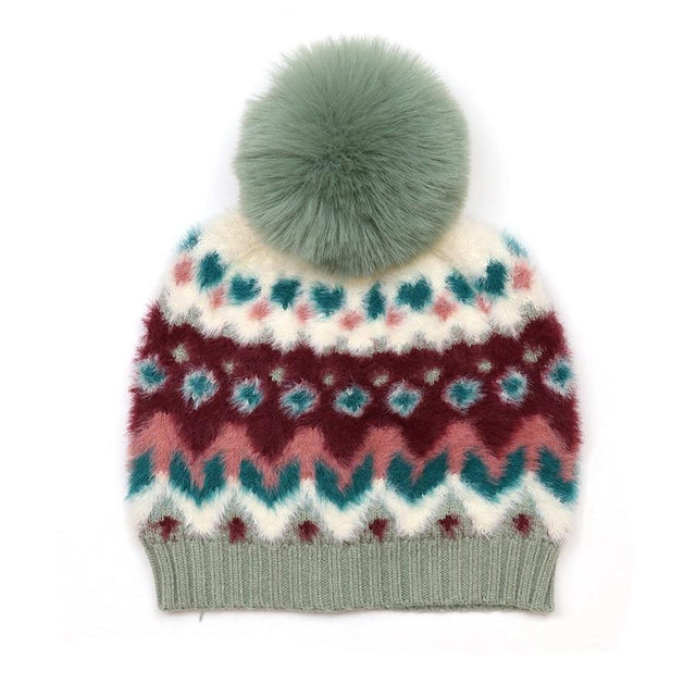 Pastel Blue and Wine Pattern Fluffy Knit Bobble Hat