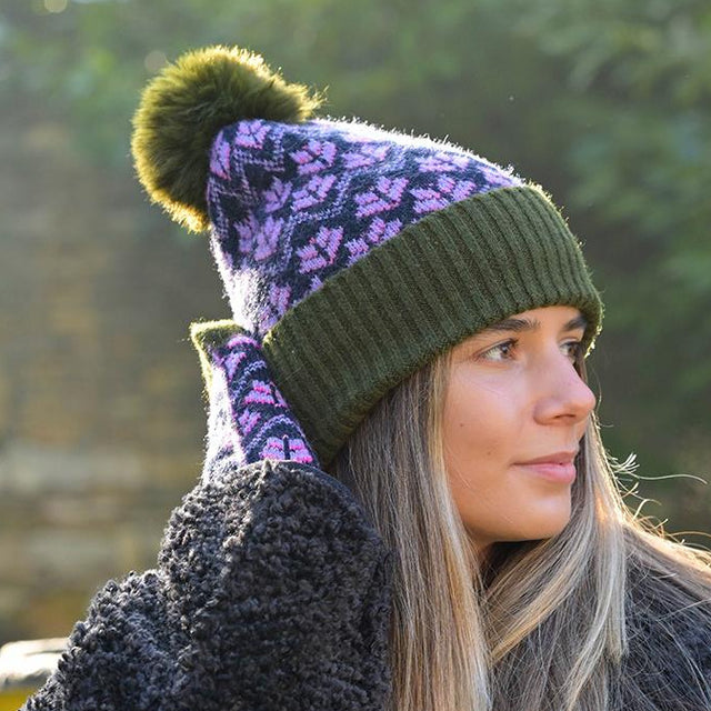 Lilac & Khaki Mix Flower Hat With Faux Fur Pompom