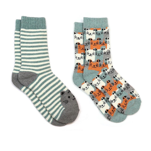 Green Stripe Cat Women's Socks Set