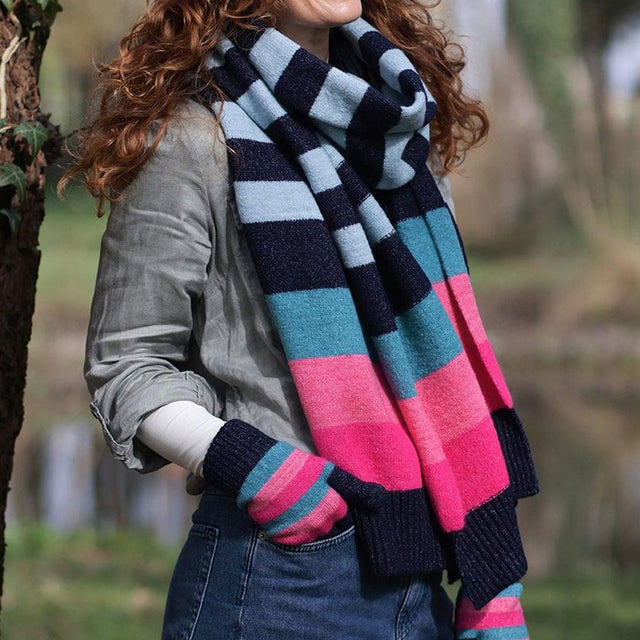 Navy, Teal and Pink Stripe Knit Scarf