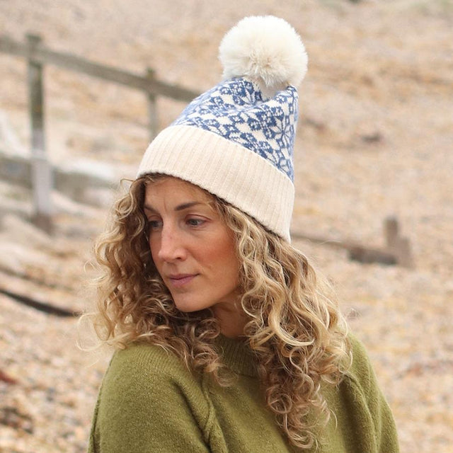 Blue & Cream Mix Scandi Star Flower Hat With Faux Fur Pompom