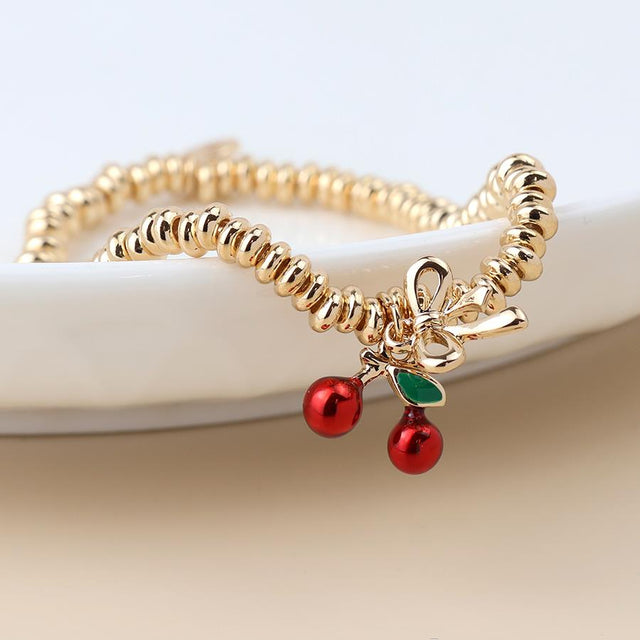 Faux Gold Bead Bracelet with Red Cherry Charm