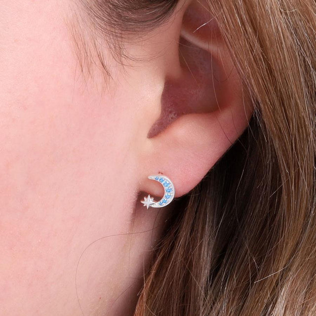Love You to the Moon Blue Turquoise Crescent Moon Earrings on the Ear