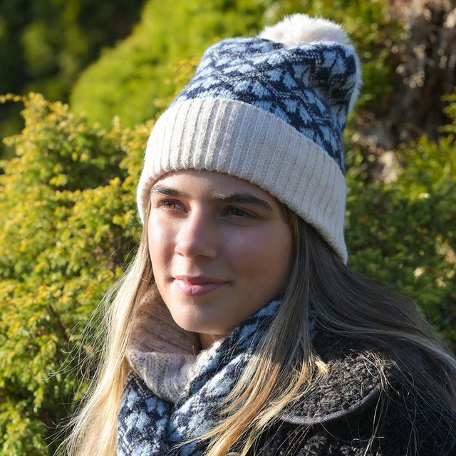 Navy & Cream Mix Flower Hat With Faux Fur Pompom