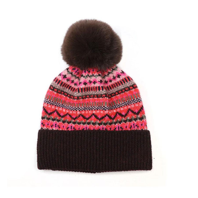 Wine Red and Pink Fairisle Hat with Faux Fur Pompom