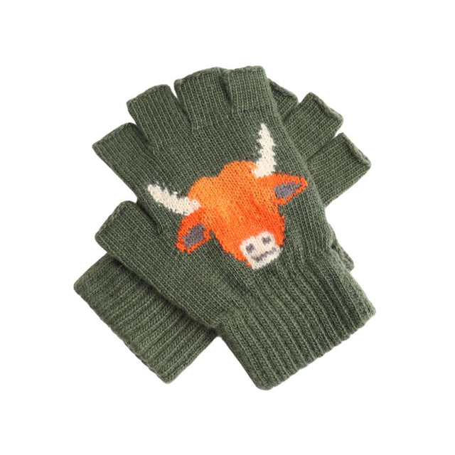 Olive Green Highland Cow Fingerless Gloves