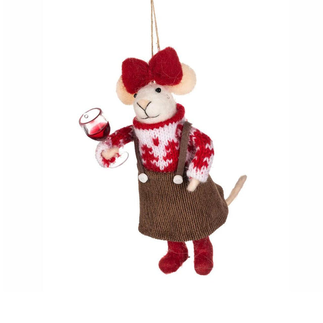 Red Bow Mouse with Wine Felt Hanging Decoration