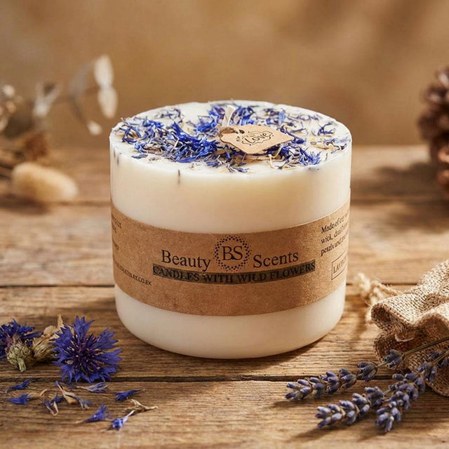 Large Lavender Pillar Candle With Wild Flowers