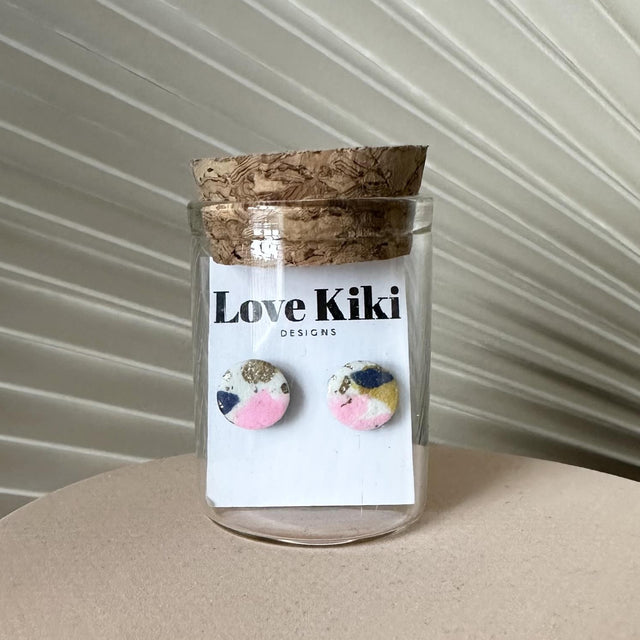 White and Multi Coloured Speckles Disk Stud Earrings in Jar