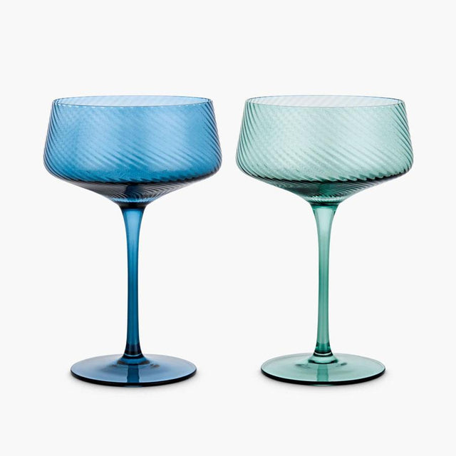 Blue and Green Twist Champagne Coupe Glasses Set