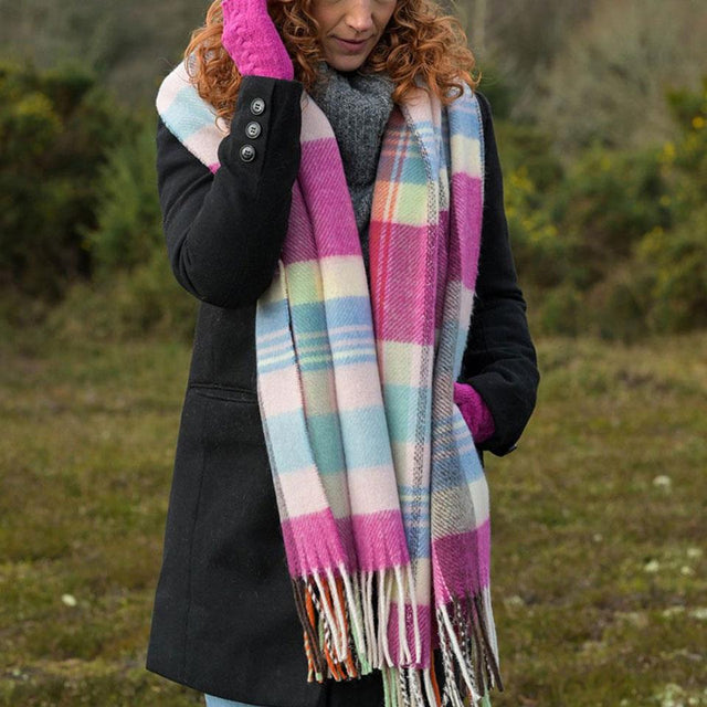 Magenta and Pastel Mix Tartan Check Scarf on Model