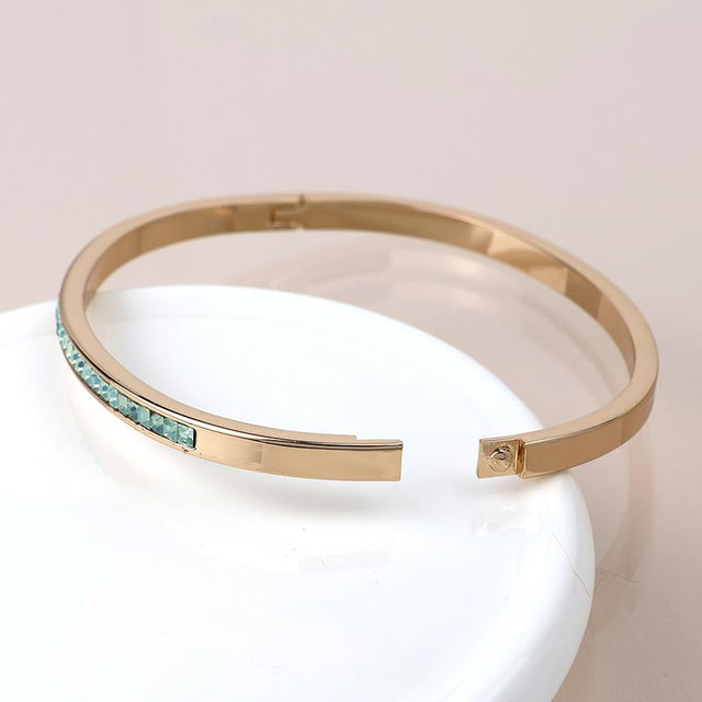 Faux Gold Slim Hinged Bangle with Green Crystals