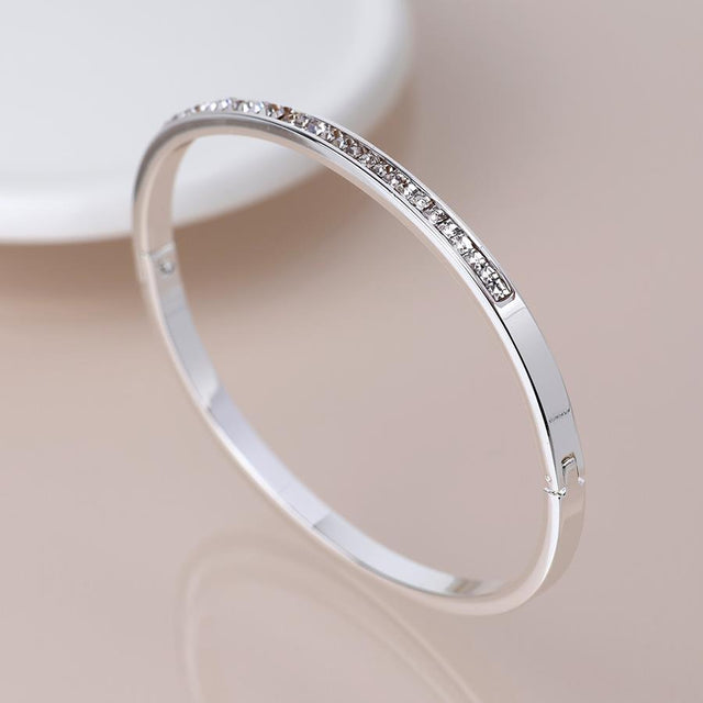 Silver Slim Hinged Bangle with Clear Crystals