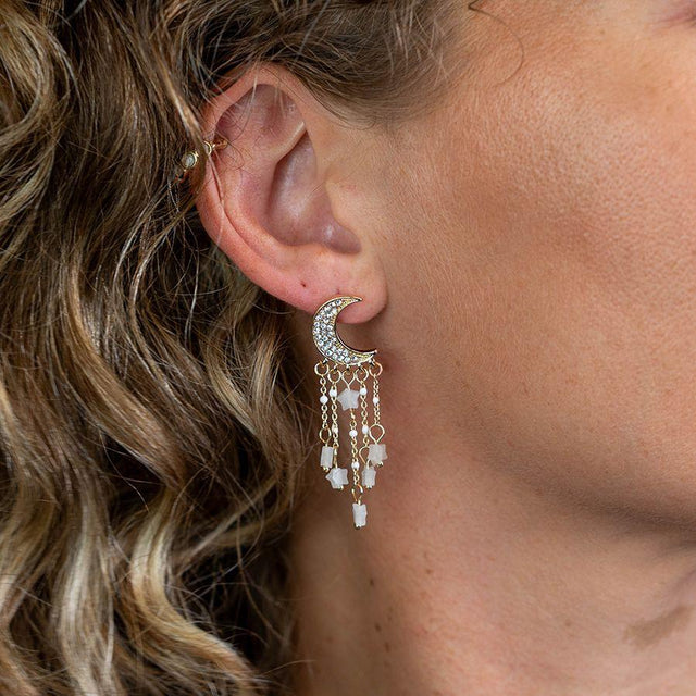 Faux Gold Crystal Moon and Beaded Stars Earrings
