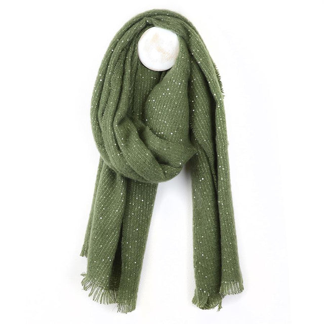 Pom Boutique Khaki Green Knit Scarf with Sequins Close Up