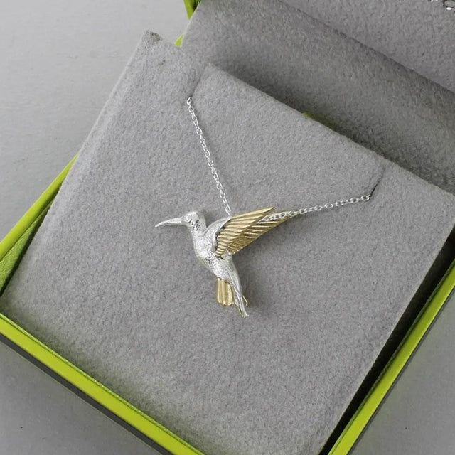 Reeves and Reeves Gold and Silver Hummingbird Pendant Necklace Detail View