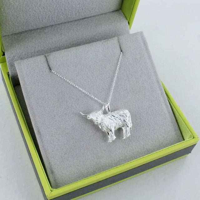Reeves and Reeves Highland Cow Figurine Pendant Necklace in Silver