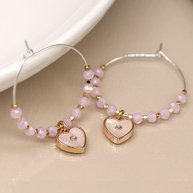 Pastel Pink Beaded Heart Charm Hoop Earrings