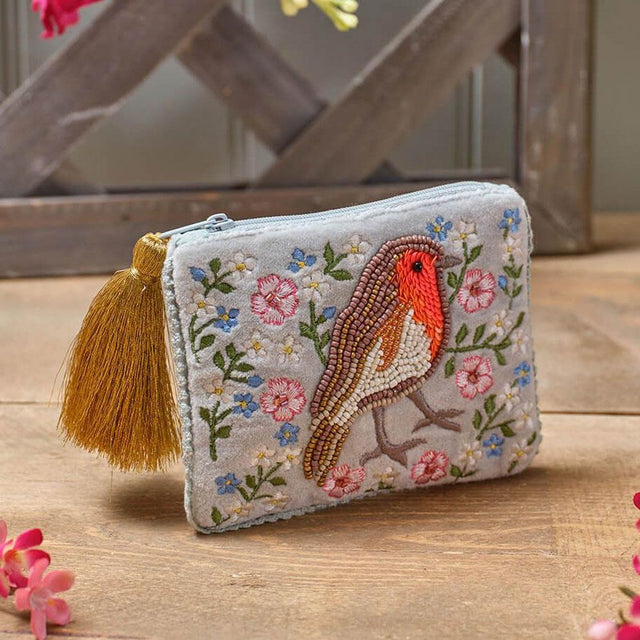 Robin Floral Beaded Embroidery Coin Purse