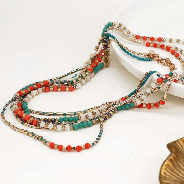 Coral, Turquoise and Gold Beaded Multi Strand Boho Necklace